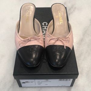 Chanel pink and black heel mules